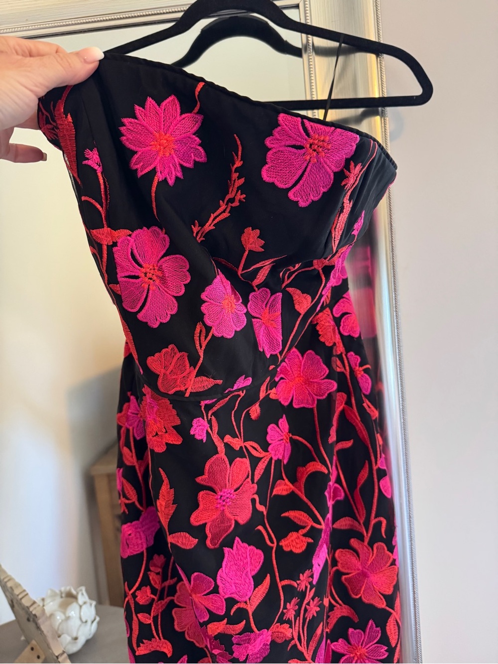 Milly Strapless Black Dress with Pink & Red Floral Embroidery - Picture 2 of 7